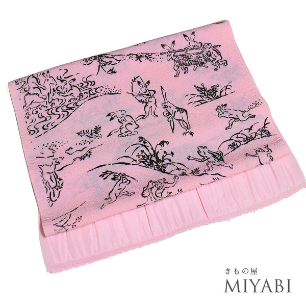 帯揚げ リサイクル お洒落 ちりめん 正絹 ピンク 鳥獣戯画 Sランク AG-1204