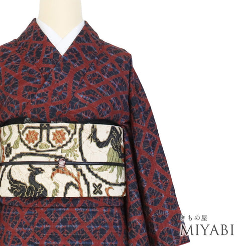 紬 リサイクル 身丈156cm 裄62.8cm 袷 格子紬に巻き上げ絞り柄 多色 Mサイズ お洒落 カジュアル 正絹 広衿 Sランク