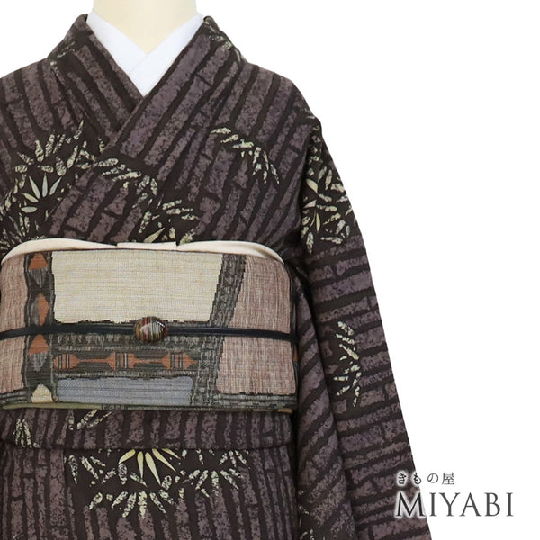 小紋 リサイクル 身丈164.5cm 裄64.8cm 袷 臈纈染め 竹柄 変わり織り 洛遊庵 ブラウン Lサイズ お洒落 カジュアル 正絹 広衿 Sランク