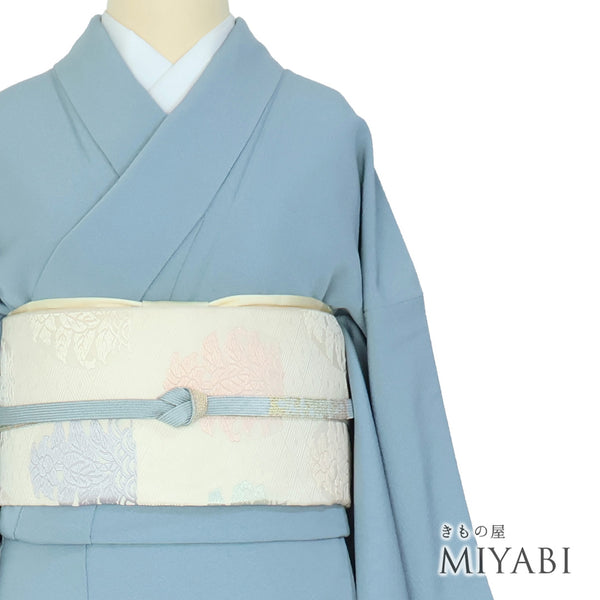 色無地 リサイクル 身丈157cm 裄66cm 袷 ブルー Mサイズ セミフォーマル お洒落 一つ紋 正絹 広衿 地紋なし Sランク