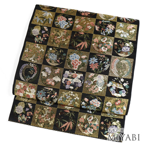 袋帯 リサイクル 帯丈430cm 六通 市松に花や植物柄 刺繍 ゴールド Sサイズ 正絹 Sランク フォーマル セミフォーマル