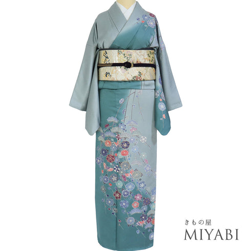訪問着 リサイクル 身丈166.5cm 裄66.8cm 袷 蝶や松に枝垂れ桜柄 金駒刺繍 箔 パールトーン加工 ブルー LLサイズ セミフォーマル お洒落 一つ紋 正絹 広衿 Sランク