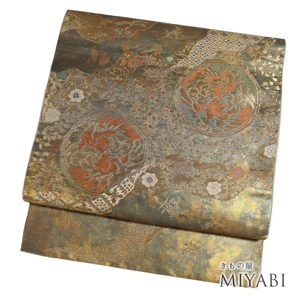 袋帯 リサイクル 帯丈424cm 六通 こはく錦 手工芸 ゴールド Sサイズ 正絹 Sランク フォーマル セミフォーマル