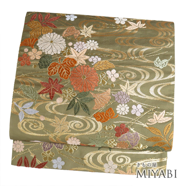 袋帯 リサイクル 帯丈422cm 六通 流水や菊柄 刺繍 唐織錦 グリーン Sサイズ 正絹 Sランク フォーマル セミフォーマル
