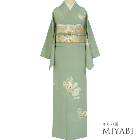 付下げ リサイクル 身丈158.2cm 裄64.4cm 袷 桐柄 観世水 金駒刺繍 箔加工 パールトーン加工 グリーン Mサイズ お洒落 正絹 広衿 Sランク