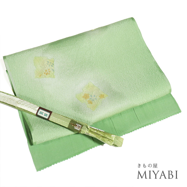 帯締め・帯揚げセット リサイクル 手組紐 ちりめん グリーン 正絹 Sランク