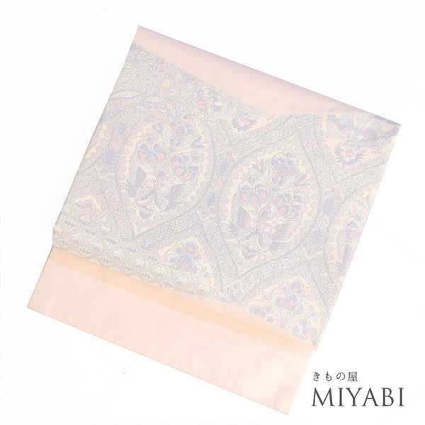 名古屋帯 リサイクル 帯丈350cm ポイント柄 開き仕立て オリエンタル柄 ピンク Sサイズ 正絹 Aランク お洒落