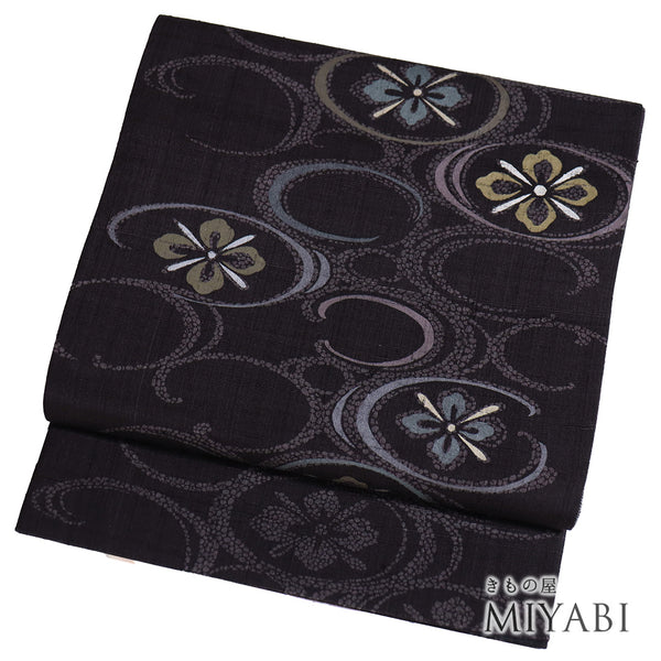 袋帯 リサイクル 帯丈448cm 六通 ポイント柄 デザイン花柄 パープル Mサイズ 正絹 Sランク お洒落