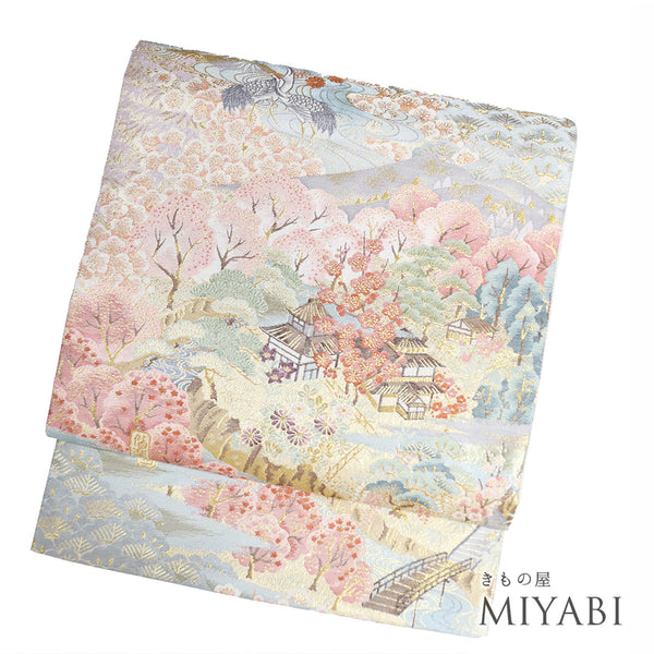 袋帯 リサイクル 帯丈443cm 六通 後楽園風景柄 多色 Mサイズ 正絹 Sランク フォーマル