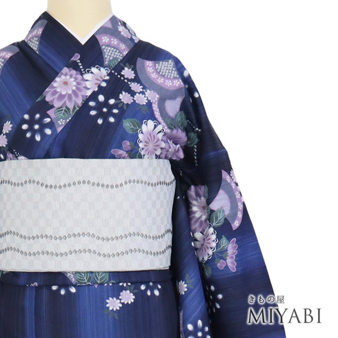 浴衣 リサイクル 夏着物 身丈162.5cm 裄65cm 夏物 花柄 既製品 ブルー Lサイズ カジュアル 木綿 洗える着物 バチ衿 Sランク