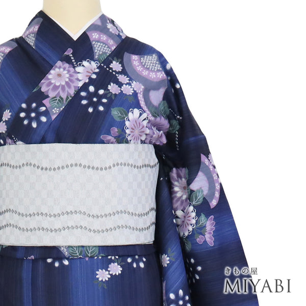 浴衣 リサイクル 夏着物 身丈162.5cm 裄65cm 夏物 花柄 既製品 ブルー Lサイズ カジュアル 木綿 洗える着物 バチ衿 Sランク