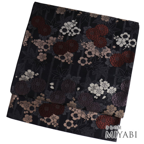 袋名古屋帯 リサイクル 帯丈384cm 六通 花柄 梅・桜・菊・楓 グレー Lサイズ 正絹 Sランク カジュアル お洒落