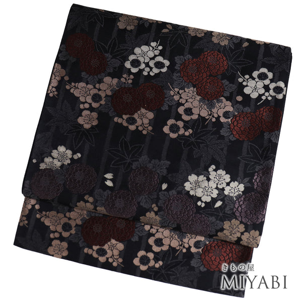 袋名古屋帯 リサイクル 帯丈384cm 六通 花柄 梅・桜・菊・楓 グレー Lサイズ 正絹 Sランク カジュアル お洒落