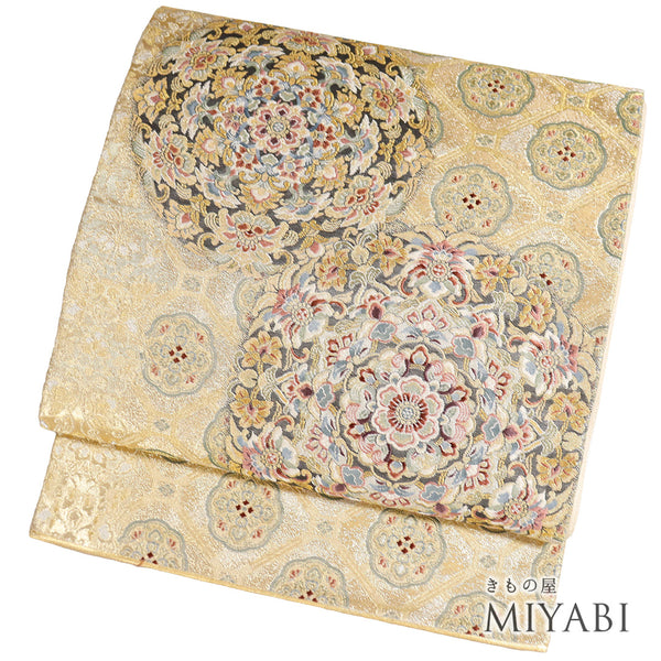袋帯 リサイクル 帯丈436cm 六通 華文柄 唐花柄 蜀江柄 ゴールド Mサイズ 正絹 Sランク フォーマル セミフォーマル