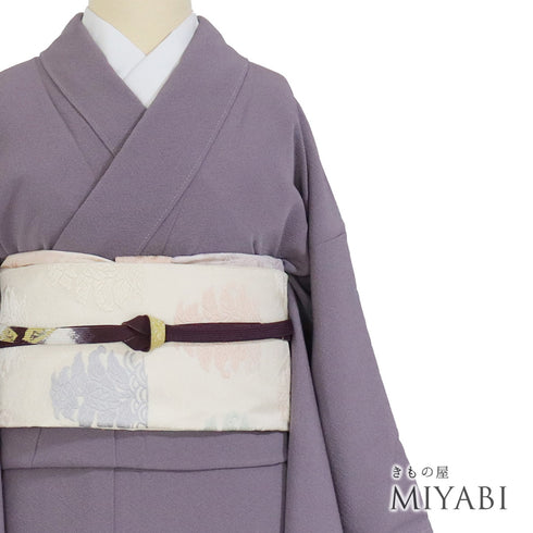 色無地 リサイクル 身丈156.5cm 裄62.6cm 袷 草木染 仕立て上がり パープル Mサイズ セミフォーマル しつけ糸 正絹 広衿 地紋なし Sランク