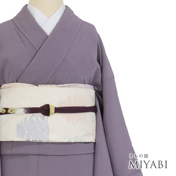 色無地 リサイクル 身丈156.5cm 裄62.6cm 袷 草木染 仕立て上がり パープル Mサイズ セミフォーマル しつけ糸 正絹 広衿 地紋なし Sランク