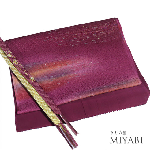 帯締め・帯揚げセット リサイクル お洒落 平組紐 ちりめん レッド 正絹 新品・未使用品 ボカシ柄 金ラメ