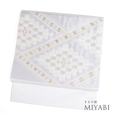 名古屋帯 リサイクル 帯丈348cm ポイント柄 開き仕立て 抽象柄 パープル Sサイズ 正絹 Aランク お洒落