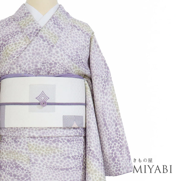 小紋 リサイクル 身丈158.5cm 裄66.4cm 袷 地紋 パープル Mサイズ お洒落 カジュアル ポリエステル 洗える着物 広衿 Sランク