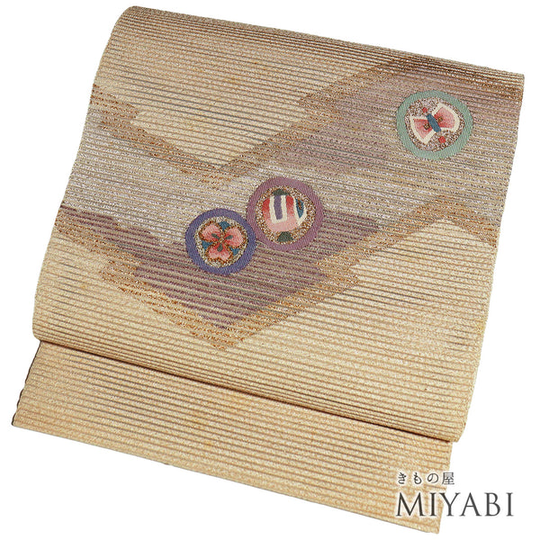 名古屋帯 リサイクル 帯丈382cm ポイント柄 夏用 丸に宝づくし柄 ベージュ Lサイズ 正絹 Aランク カジュアル お洒落