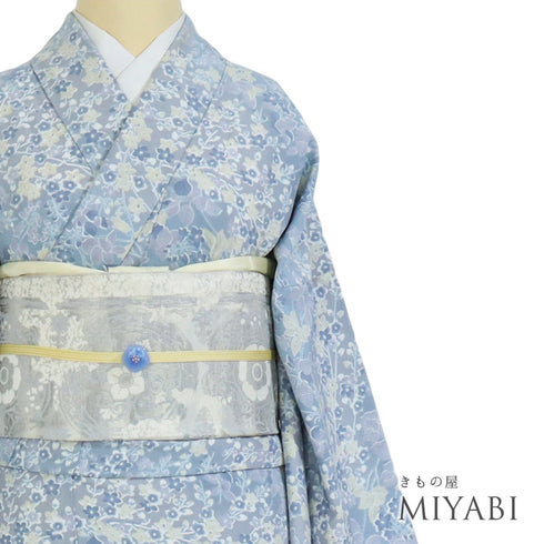 小紋 リサイクル 身丈167cm 裄68cm 単衣 草花柄 既製品 トールサイズ ブルー LLサイズ お洒落 カジュアル ポリエステル 洗える着物 広衿 Sランク