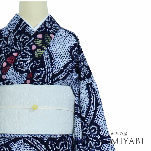浴衣 リサイクル 夏着物 身丈154.7cm 裄68cm 夏物 絞り 花柄 ネイビー Sサイズ カジュアル 木綿 洗える着物 バチ衿 Bランク