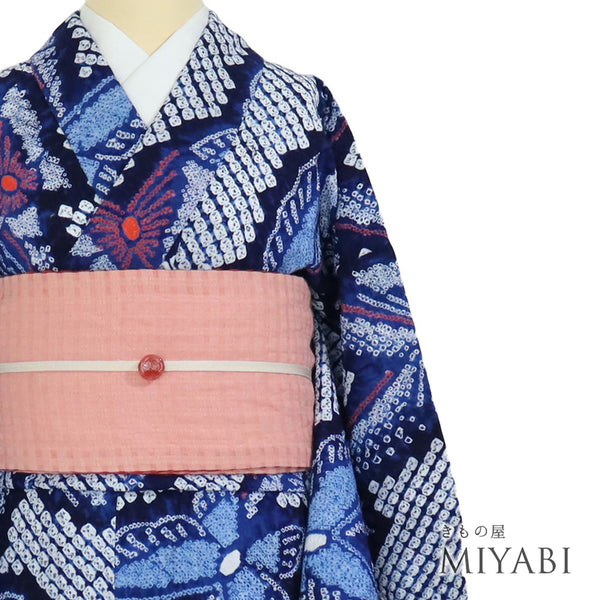 浴衣 リサイクル 夏着物 身丈152cm 裄65cm 夏物 絞り 蝶柄 ネイビー Sサイズ カジュアル 木綿 洗える着物 バチ衿 Aランク