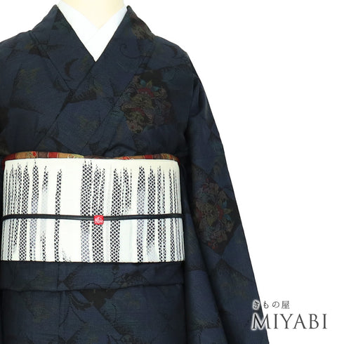 紬 リサイクル 身丈165.5cm 裄68.8cm 袷 花柄 ネイビー LLサイズ お洒落 カジュアル 正絹 広衿 Sランク