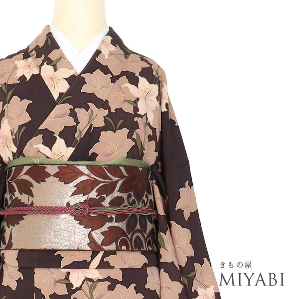 小紋 リサイクル 身丈159.8cm 裄68.4cm 袷 花柄 パープル Mサイズ お洒落 正絹 広衿 Sランク