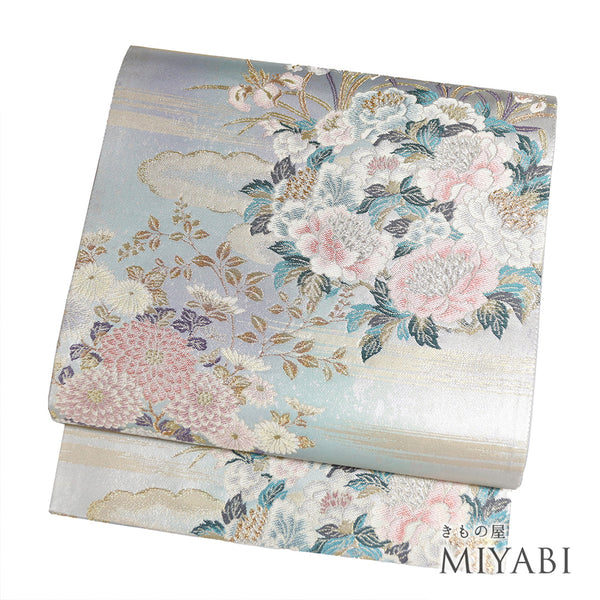 袋帯 リサイクル 帯丈434cm 六通 花柄にぼかし 西陣織 多色 Sサイズ 正絹 Sランク フォーマル セミフォーマル