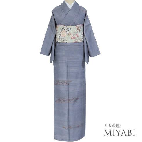 訪問着 リサイクル 身丈167.8cm 裄64.8cm 袷 紬 若干ゆったりサイズ 鳳凰柄 花柄 ブルー LLサイズ お洒落 正絹 広衿 Aランク