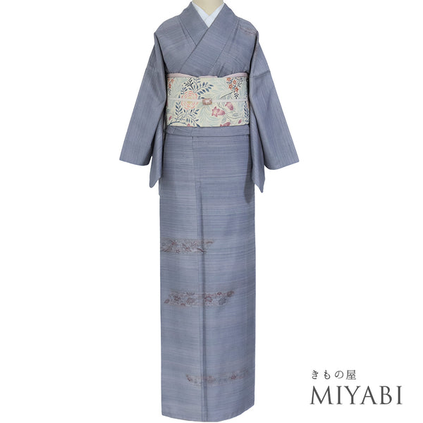 訪問着 リサイクル 身丈167.8cm 裄64.8cm 袷 紬 若干ゆったりサイズ 鳳凰柄 花柄 ブルー LLサイズ お洒落 正絹 広衿 Aランク