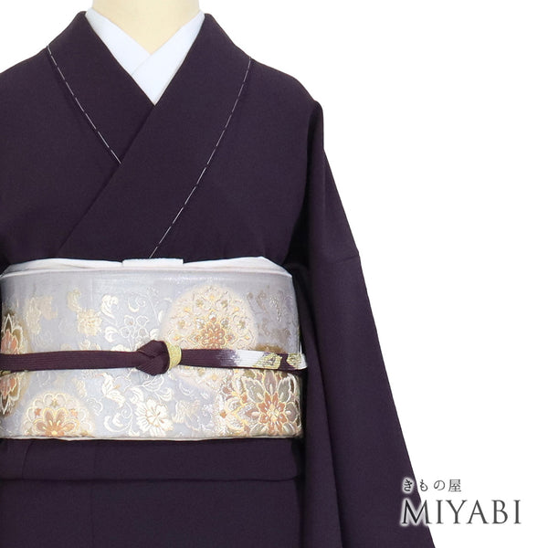 色無地 リサイクル 身丈168.5cm 裄66.8cm 袷 パープル LLサイズ お洒落 しつけ糸 正絹 広衿 地紋なし 新品・未使用品