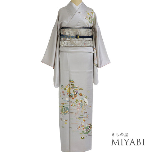 訪問着 リサイクル 身丈162cm 裄66cm 袷 花柄 ホワイト Lサイズ フォーマル セミフォーマル 正絹 広衿 Sランク