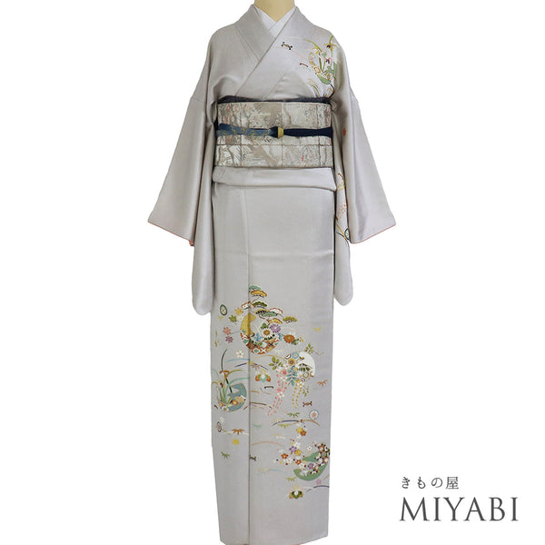 訪問着 リサイクル 身丈162cm 裄66cm 袷 花柄 ホワイト Lサイズ フォーマル セミフォーマル 正絹 広衿 Sランク