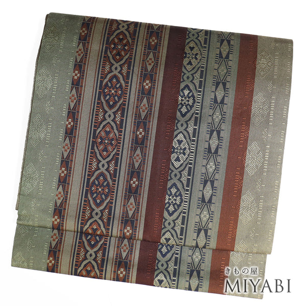 名古屋帯 リサイクル 帯丈365cm 全通 縦縞柄 グリーン Mサイズ 正絹 Sランク お洒落 カジュアル