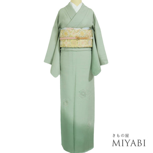 訪問着 リサイクル 身丈162.3cm 裄66cm 袷 汕頭刺繍風 グリーン Lサイズ お洒落 正絹 広衿 Sランク