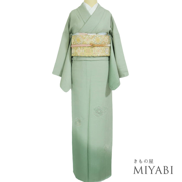 訪問着 リサイクル 身丈162.3cm 裄66cm 袷 汕頭刺繍風 グリーン Lサイズ お洒落 正絹 広衿 Sランク