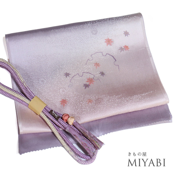 帯締め・帯揚げセット リサイクル 丸組紐 ちりめん 多色 正絹 新品・未使用品 雪輪に楓柄 地紋 ぼかし