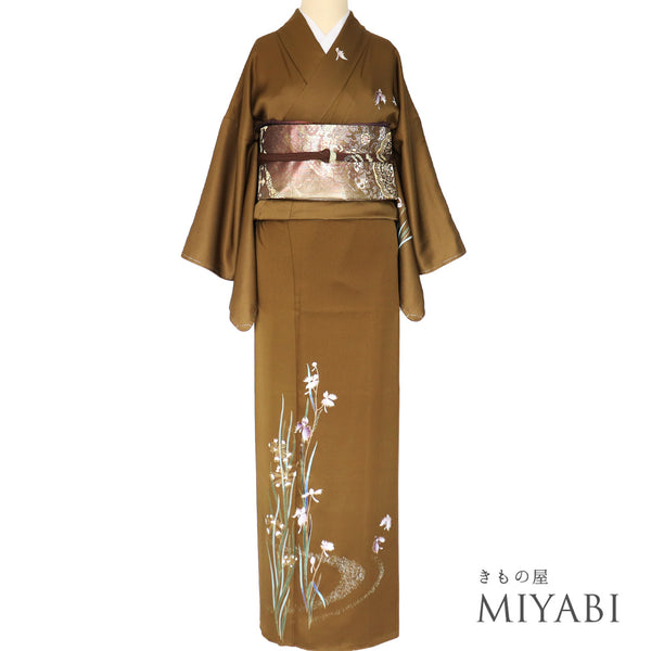 付下げ リサイクル 身丈158.4cm 裄64.4cm 袷 サギ草柄 ブラウン Mサイズ セミフォーマル しつけ糸 正絹 広衿 Sランク