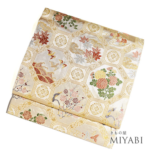 袋帯 リサイクル 帯丈436cm 六通 蜀江に花柄 ゴールド Mサイズ 正絹 Sランク フォーマル セミフォーマル