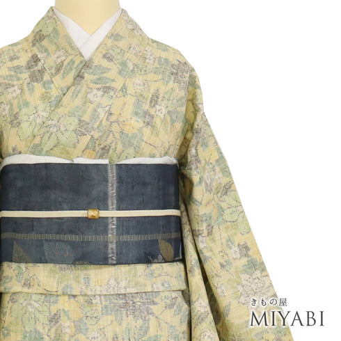 紬 リサイクル 身丈155cm 裄68cm 単衣 華花柄 イエロー Sサイズ お洒落 カジュアル 正絹 広衿 Sランク