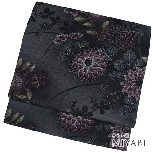 袋名古屋帯 リサイクル 帯丈374cm 全通 撫松庵 花柄 菊・撫子・萩 グレー Mサイズ ポリエステル 新品・未使用品 カジュアル お洒落