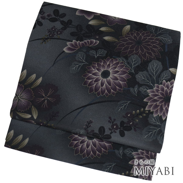 袋名古屋帯 リサイクル 帯丈374cm 全通 撫松庵 花柄 菊・撫子・萩 グレー Mサイズ ポリエステル 新品・未使用品 カジュアル お洒落