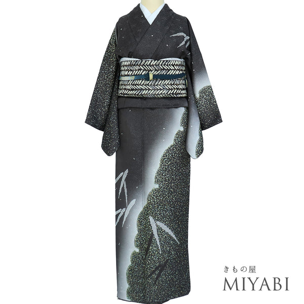 訪問着 リサイクル 身丈156.3cm 裄64.4cm 袷 雪輪染わけや竹柄 グレー Mサイズ お洒落 落款 正絹 広衿 Sランク