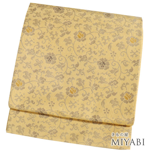京袋帯 リサイクル 帯丈392cm 全通 花唐草柄 ゴールド Lサイズ ポリエステル 新品・未使用品 お洒落