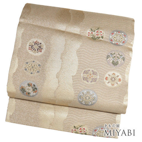 名古屋帯 リサイクル 帯丈367.5cm 六通 華文柄 箔 ゴールド Mサイズ 正絹 Sランク セミフォーマル お洒落