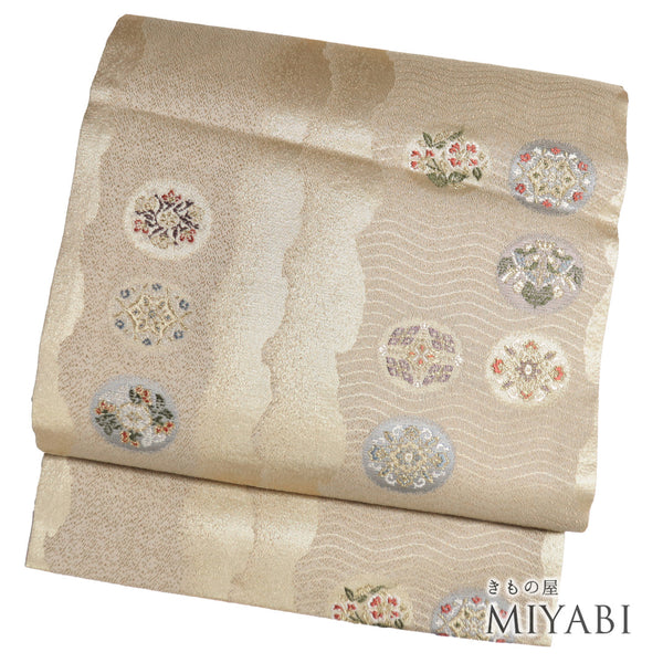 名古屋帯 リサイクル 帯丈367.5cm 六通 華文柄 箔 ゴールド Mサイズ 正絹 Sランク セミフォーマル お洒落