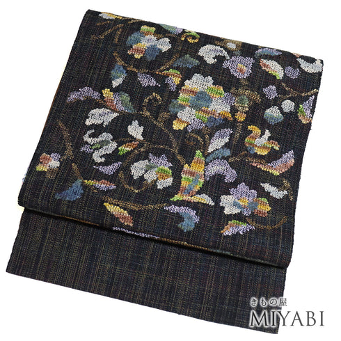 名古屋帯 リサイクル 帯丈400cm ポイント柄 花柄 ブラック LLサイズ 正絹 Sランク お洒落 カジュアル
