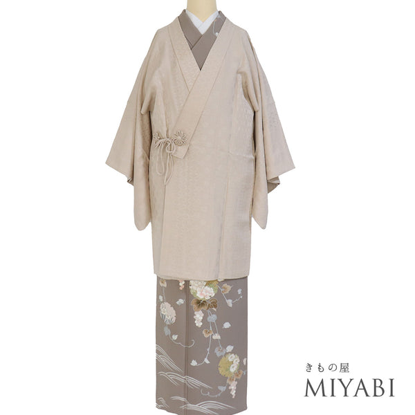 コート リサイクル 身丈91cm 裄65.6cm 袷 地紋 変わりヘチマ衿 ベージュ Mサイズ お洒落 正絹 Sランク